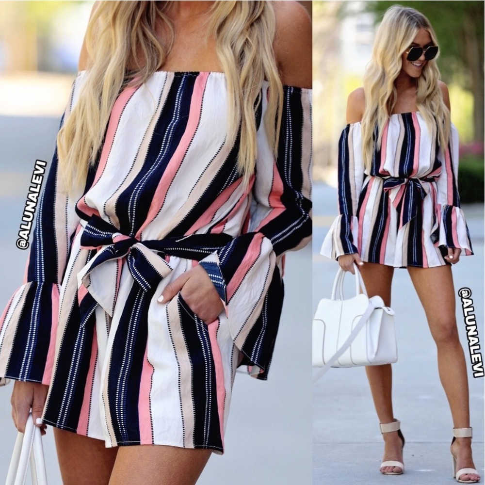 Striped Off the Shoulder Romper - Picture 1 of 2